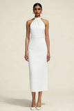 Simple White Sheath Satin Halter Neck Midi Engagement Dress