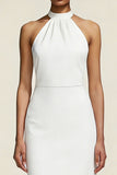 Simple White Sheath Satin Halter Neck Midi Engagement Dress