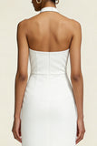 Simple White Sheath Satin Halter Neck Midi Engagement Dress