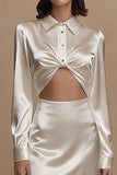 Simple Ivory Collar Neck Sheath Satin Midi Engagement Dress