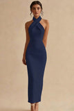 Simple Ivory Halter Neck Bodycon Maxi Engagement Dress