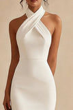 Simple Ivory Halter Neck Bodycon Maxi Engagement Dress