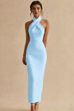 Simple Ivory Halter Neck Bodycon Maxi Engagement Dress