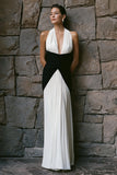 Black and White Pleated Chiffon Sheath Long Formal Dress