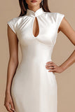 Ivory Sheath Satin Cap Sleeves Maxi Engagement Dress with Keyhole