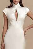 Ivory Sheath Cap Sleeves Satin Midi Engagement Dress with Keyhole