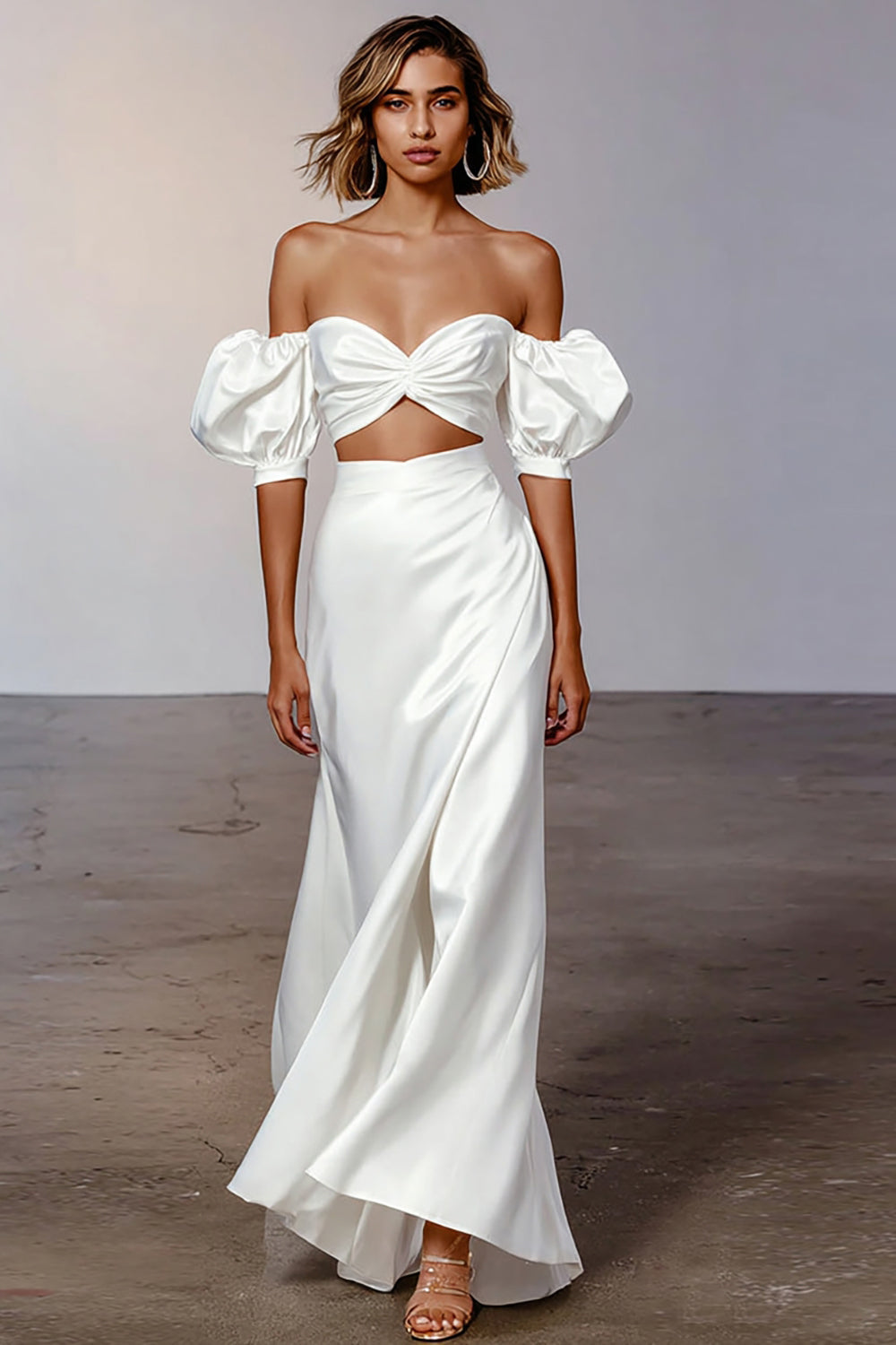 Leely Women White Long Satin Engagement Dress Cut Out Sheath Puff