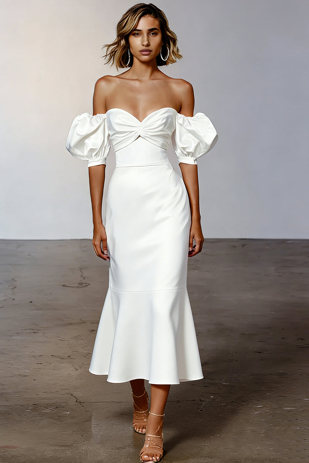 Leely Women White Midi Engagement Dress Mermaid Ruched Satin Puff