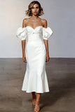 White Satin Off the Shoulder Mermaid Midi Engagement Dress