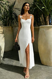 White Spaghetti Straps Sheath Midi Wedding Reception Dress with Bows