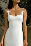 White Spaghetti Straps Sheath Midi Wedding Reception Dress with Bows