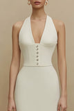 Ivory Halter Neck Mermaid Midi Wedding Reception Dress with Buttons