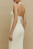 Ivory Halter Neck Mermaid Midi Wedding Reception Dress with Buttons