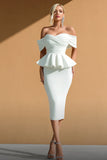 Simple White Ruffled Sheath Midi Wedding Reception Dress