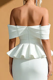 Simple White Ruffled Sheath Midi Wedding Reception Dress
