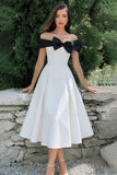 Simple White A Line Midi Wedding Reception Dress with Bow