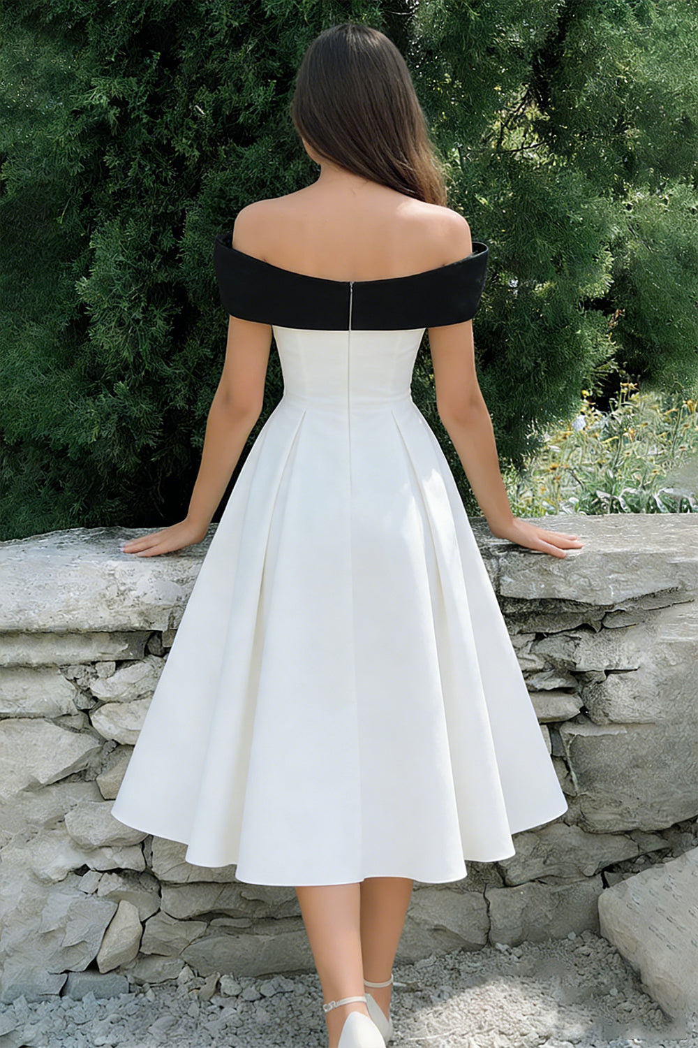 Leely Women Simple White Midi Wedding Reception Dress with Bow A Line