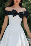 Simple White A Line Midi Wedding Reception Dress with Bow