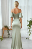 Dusty Sage Sheath Off the Shoulder Satin Maxi Bridesmaid Dress