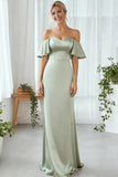 Dusty Sage Sheath Off the Shoulder Satin Maxi Bridesmaid Dress