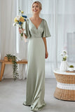 Dusty Sage Sheath V-Neck Half Sleeves Long Bridesmaid Dress