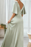 Dusty Sage Sheath V-Neck Half Sleeves Long Bridesmaid Dress