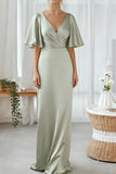 Dusty Sage Sheath V-Neck Half Sleeves Long Bridesmaid Dress