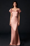 Vintage Rose Satin Long Bridesmaid Dress with Sleeves