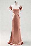 Vintage Rose Satin Long Bridesmaid Dress with Sleeves