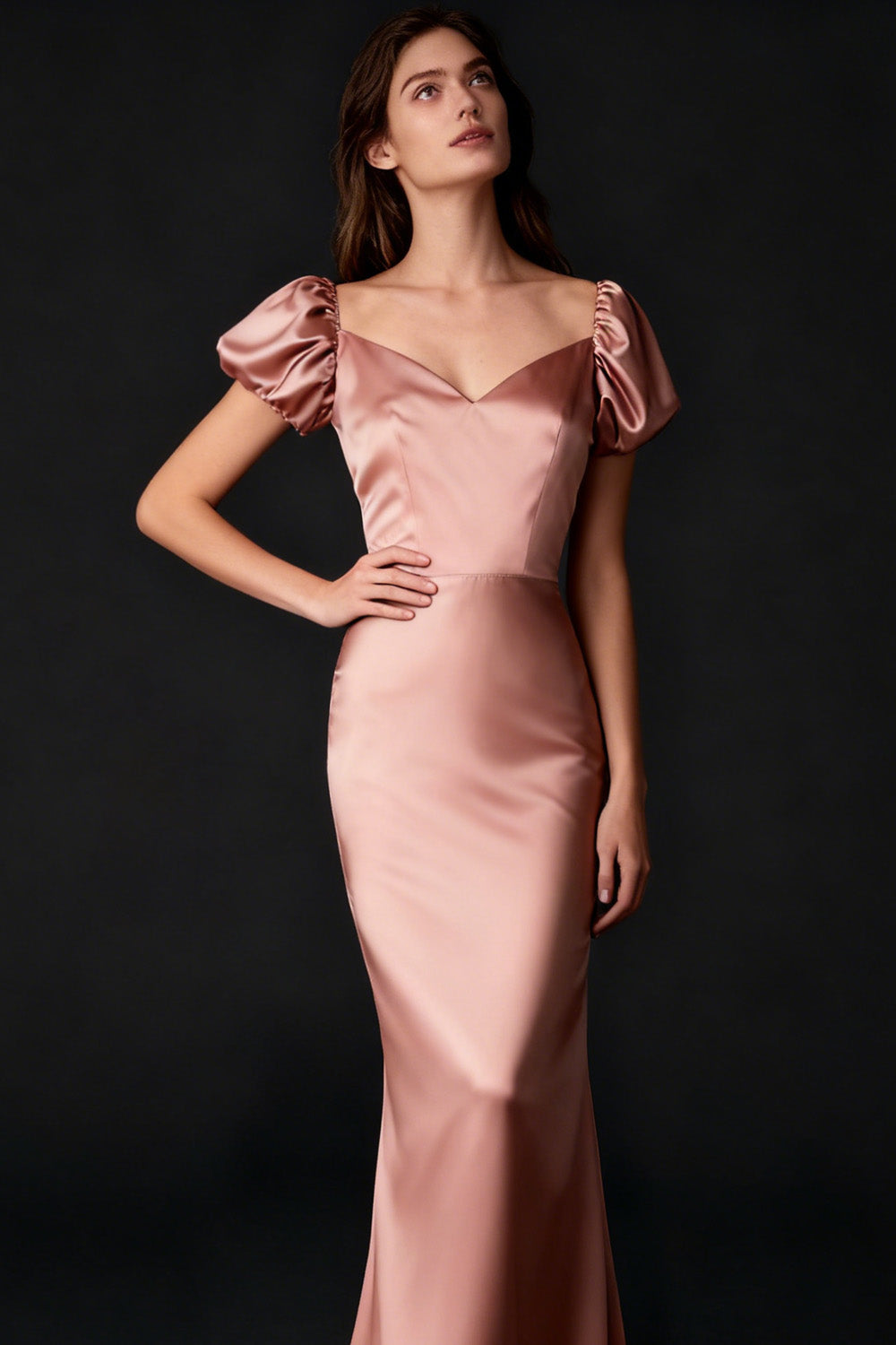 Vintage Rose Satin Long Bridesmaid Dress with Sleeves