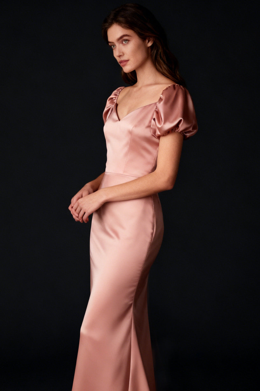 Vintage Rose Satin Long Bridesmaid Dress with Sleeves