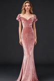Vintage Rose Velvet Mermaid Maxi Holiday Party Dress with Sleeves