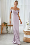 Lilac Off the Shoulder Sheath Long Bridesmaid Dress