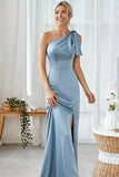 Blue Sheath One Shoulder Satin Maxi Bridesmaid Dress with Slit