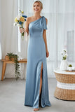 Blue Sheath One Shoulder Satin Maxi Bridesmaid Dress with Slit