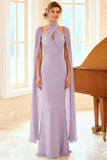 Lilac Cross Halter Mermaid Maxi Bridesmaid Dress with Cape