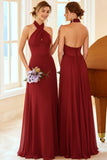 Burgundy Cross Halter Corset Chiffon Maxi Bridesmaid Dress
