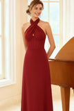 Burgundy Cross Halter Corset Chiffon Maxi Bridesmaid Dress