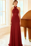 Burgundy Cross Halter Corset Chiffon Maxi Bridesmaid Dress
