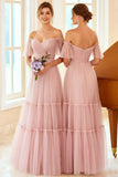 Pink A-Line Tulle Ruffled Backless Long Bridesmaid Dress