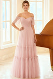 Pink A-Line Tulle Ruffled Backless Long Bridesmaid Dress