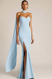 Sky Blue Sweetheart Mermaid Long Bridesmaid Dress with Slit