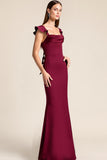Maxi Burgundy Mermaid Satin Bridesmaid Dress with Ruffles