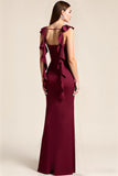 Maxi Burgundy Mermaid Satin Bridesmaid Dress with Ruffles