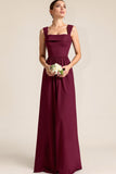 Maxi Burgundy A Line Thick Straps Lace up Back Bridesmaid Dress