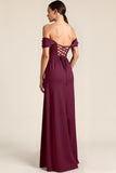 Maxi Burgundy A Line Thick Straps Lace up Back Bridesmaid Dress
