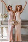 Light Pink Mermaid Backless Halter Neck Long Bridesmaid Dress