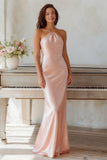 Light Pink Mermaid Backless Halter Neck Long Bridesmaid Dress