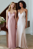 Light Pink Mermaid Spaghetti Straps Satin Long Bridesmaid Dress
