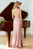 Light Pink Mermaid Spaghetti Straps Satin Long Bridesmaid Dress